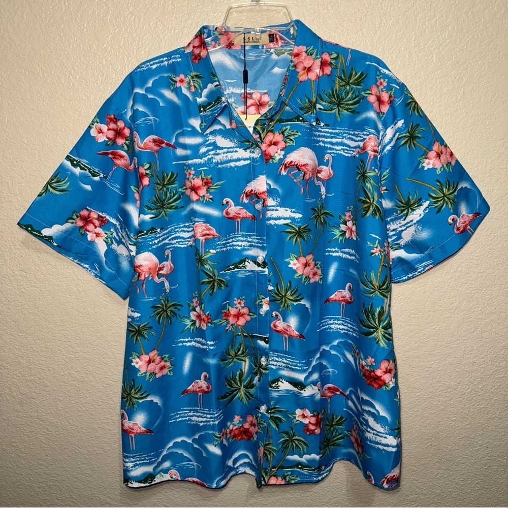 SSLR Women’s 3XL Tropical Flamingo Button Up Shirt NWT Casual Hawaiian